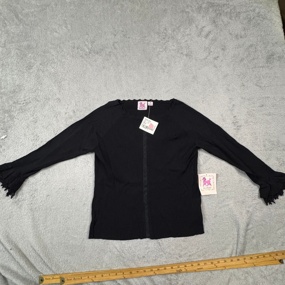 NWT Pink Poodle Womens Black Ribbed Knit Lace Trim Ruffle‎ Cuff Top Medium